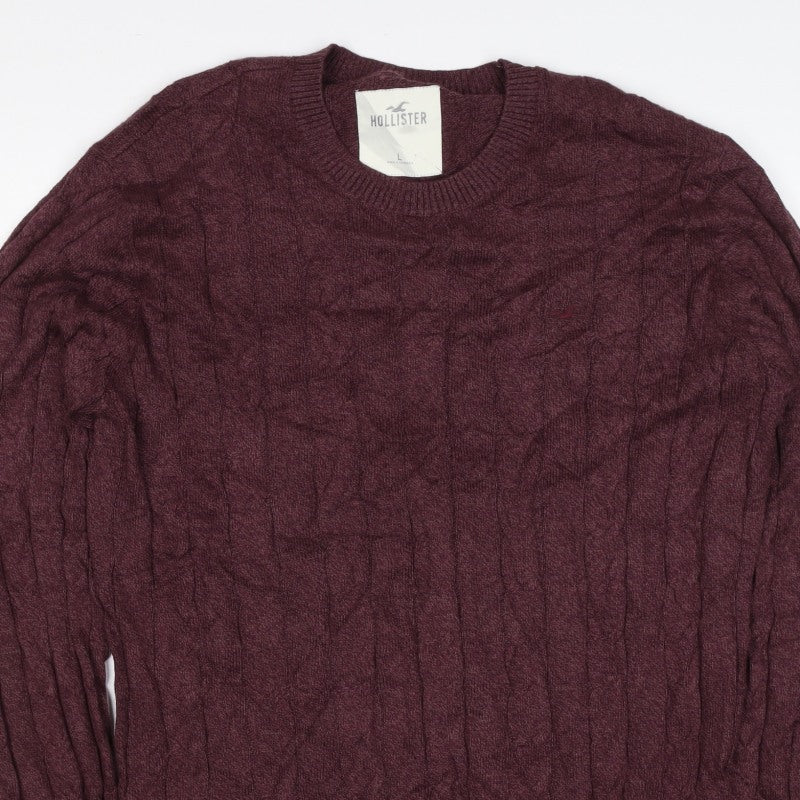 Hollister Men’s Burgundy Red L Cable Knit Crew Neck Pullover Jumper