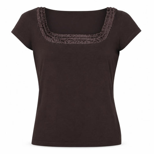 Ethel Austin Women Brown UK 12 Ruffle Scoop Neck Stretch Jersey T-Shirt