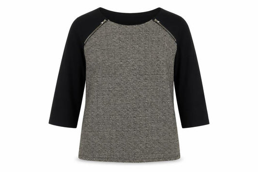 Marks & Spencer Women Black Beige UK 8 Herringbone Zip Long Sleeve Blouse