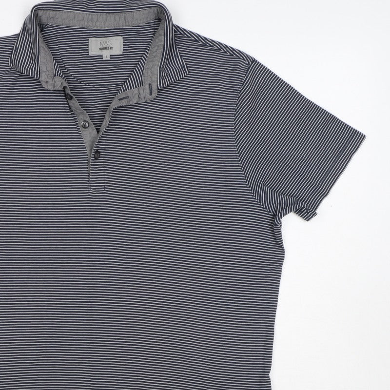 Marks and Spencer Men Black Stripe Tailored Fit Polo Shirt L