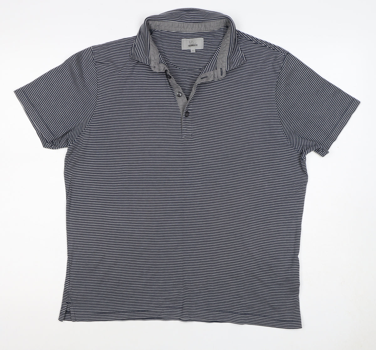 Marks and Spencer Men Black Stripe Tailored Fit Polo Shirt L