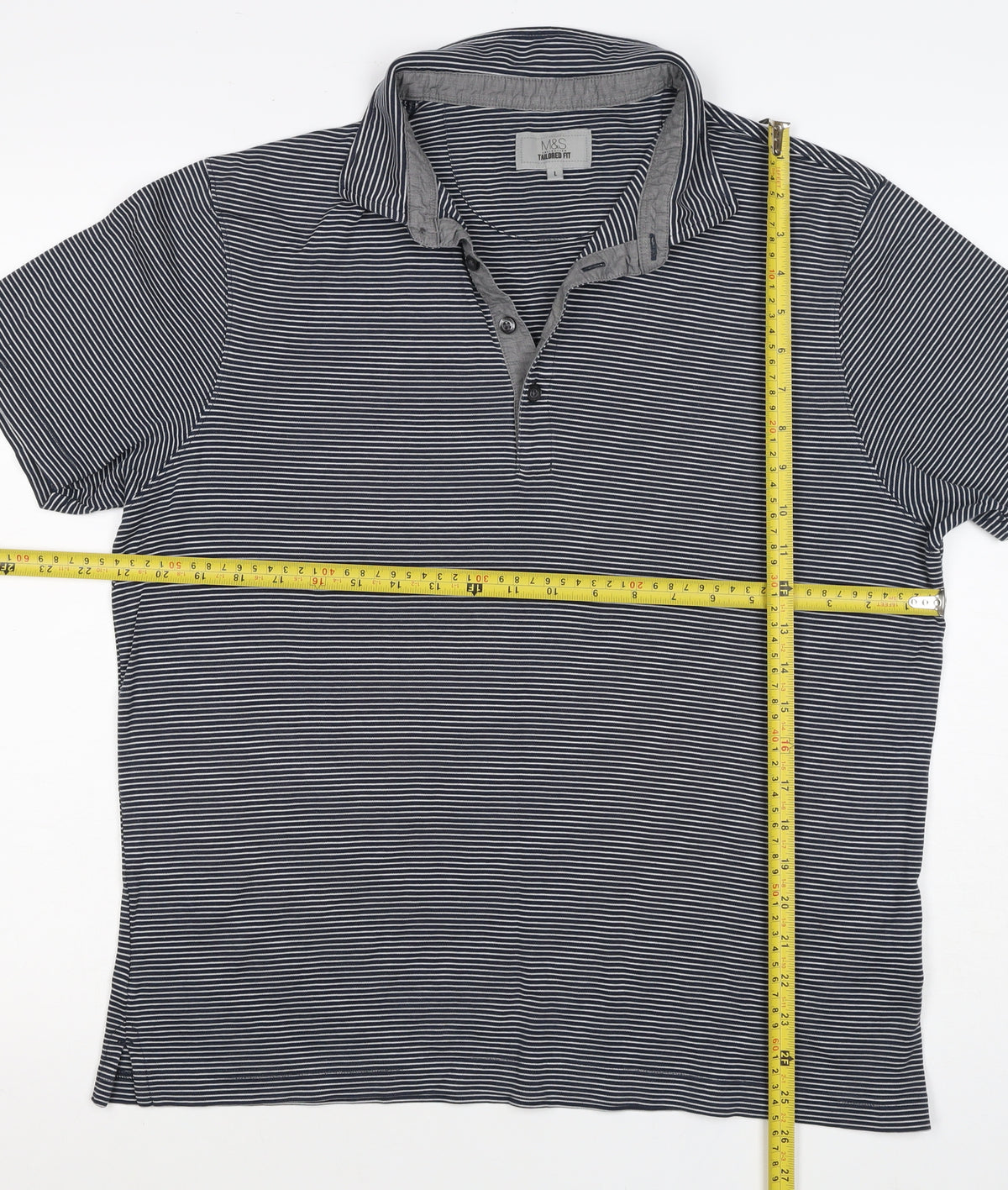 Marks and Spencer Men Black Stripe Tailored Fit Polo Shirt L
