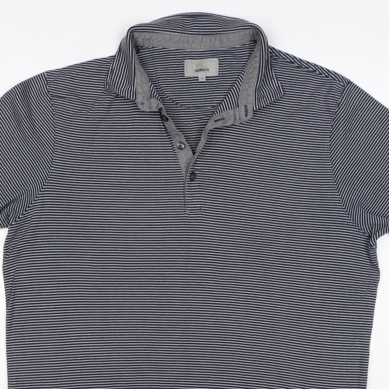 Marks and Spencer Men Black Stripe Tailored Fit Polo Shirt L