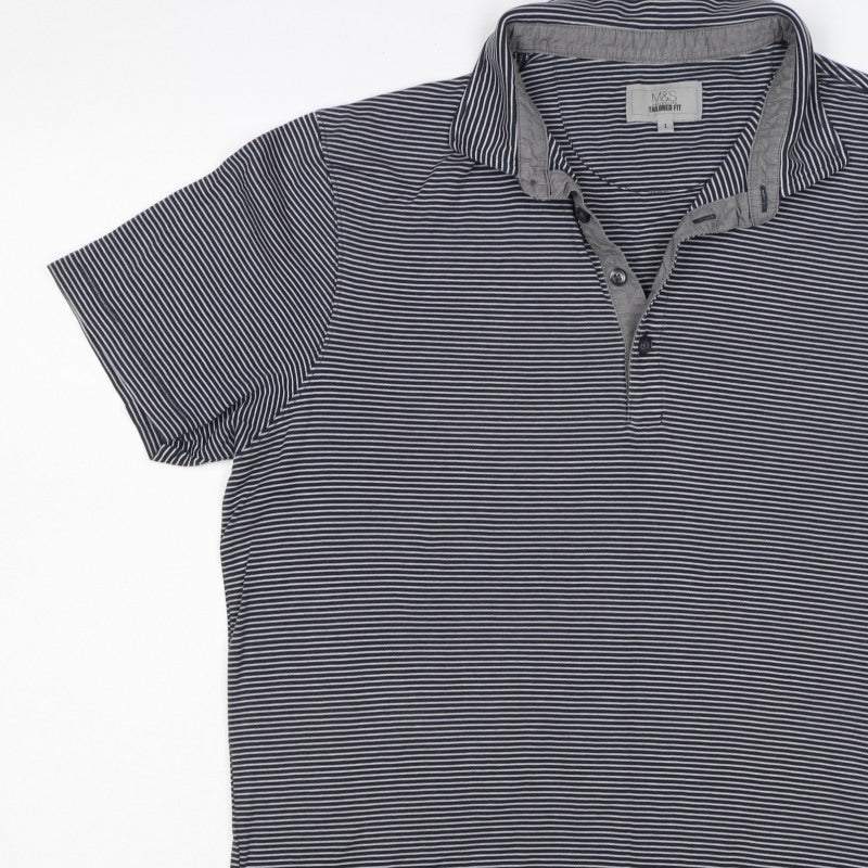 Marks and Spencer Men Black Stripe Tailored Fit Polo Shirt L