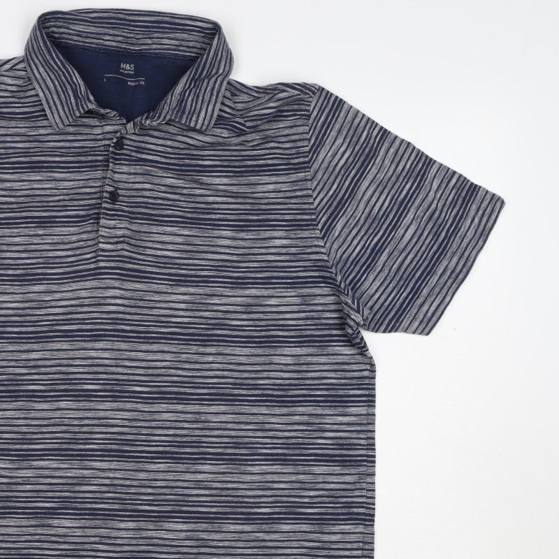 Marks and Spencer Men's Blue Grey Striped L Regular Fit Cotton Polo