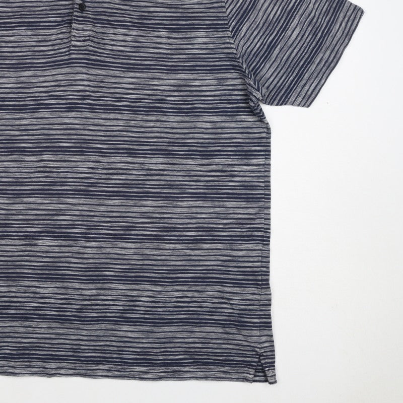 Marks and Spencer Men's Blue Grey Striped L Regular Fit Cotton Polo