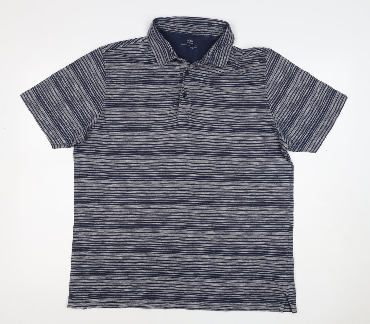Marks and Spencer Men's Blue Grey Striped L Regular Fit Cotton Polo