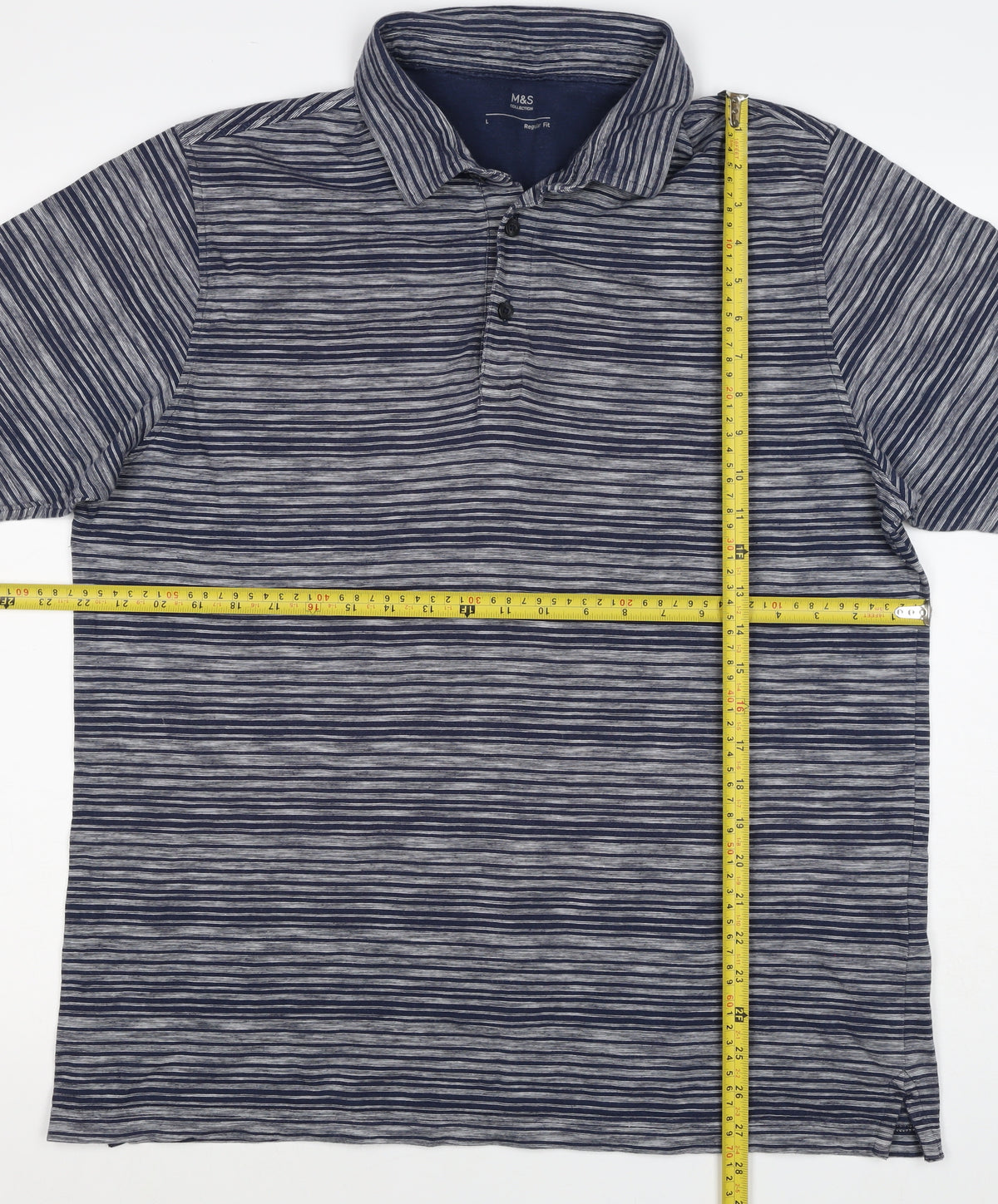 Marks and Spencer Men's Blue Grey Striped L Regular Fit Cotton Polo