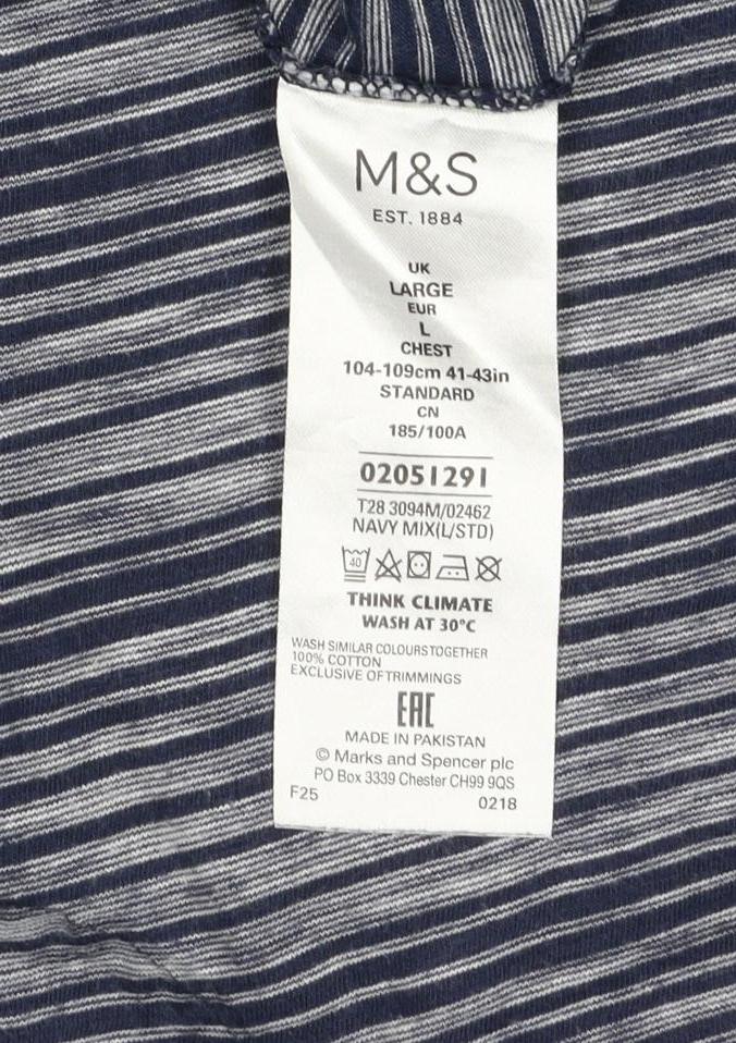 Marks and Spencer Men's Blue Grey Striped L Regular Fit Cotton Polo