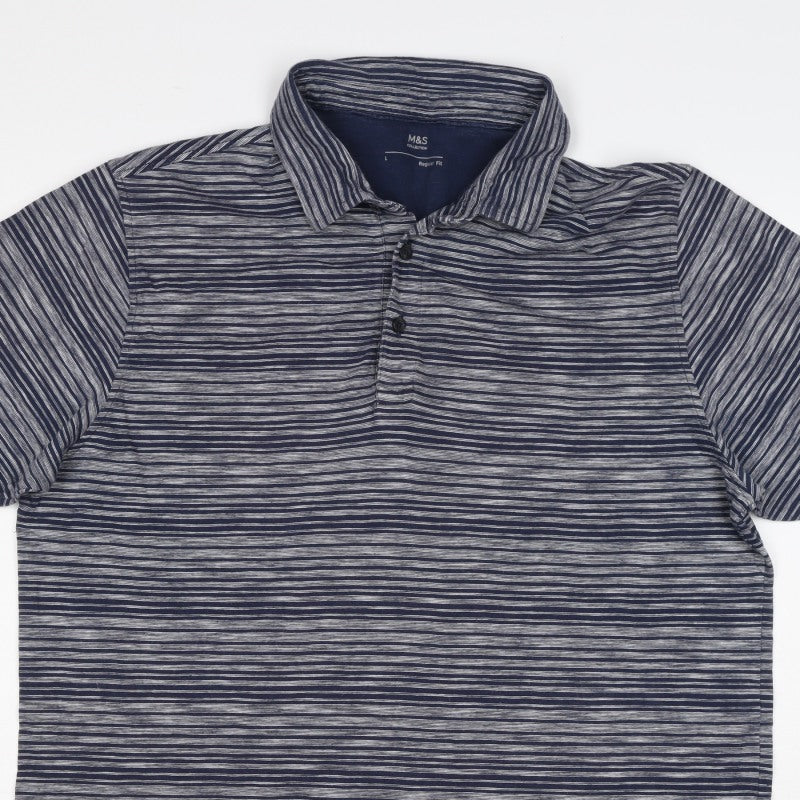 Marks and Spencer Men's Blue Grey Striped L Regular Fit Cotton Polo