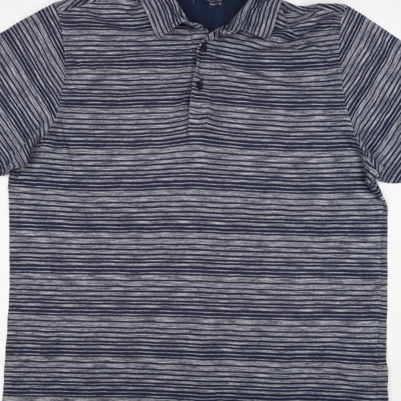Marks and Spencer Men's Blue Grey Striped L Regular Fit Cotton Polo
