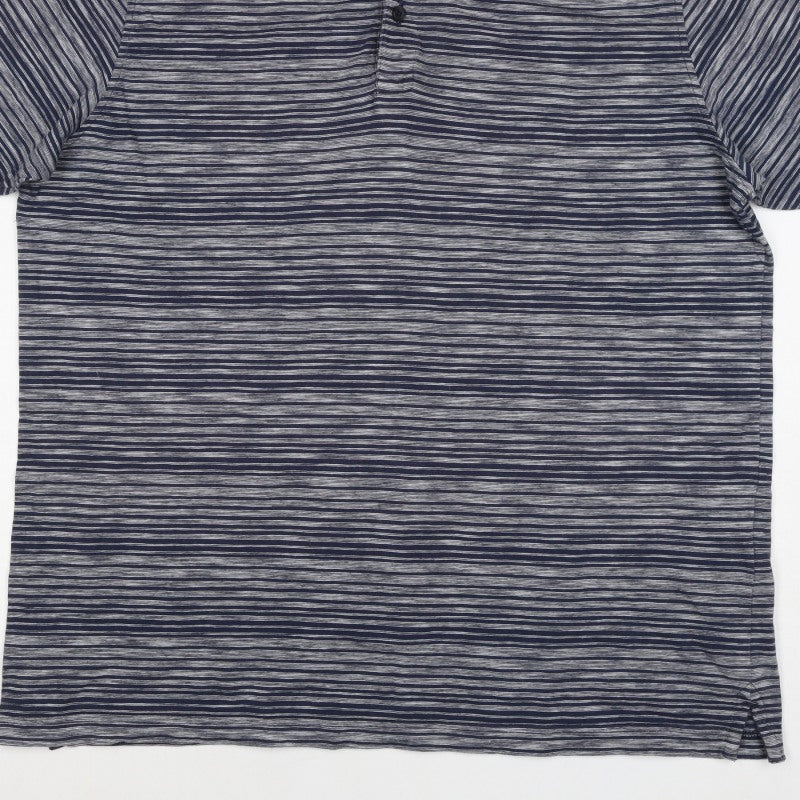 Marks and Spencer Men's Blue Grey Striped L Regular Fit Cotton Polo
