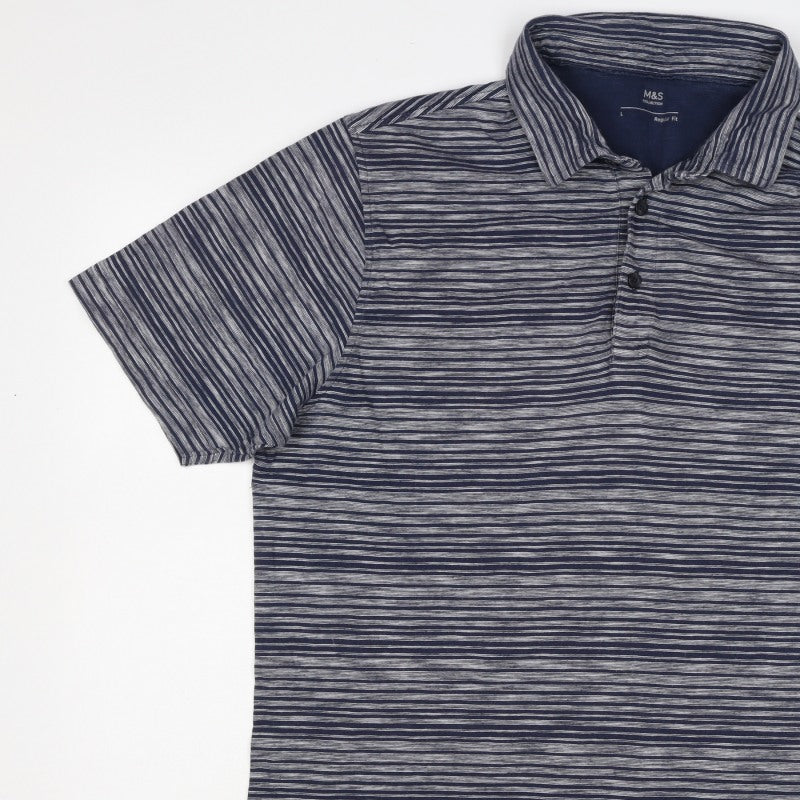 Marks and Spencer Men's Blue Grey Striped L Regular Fit Cotton Polo
