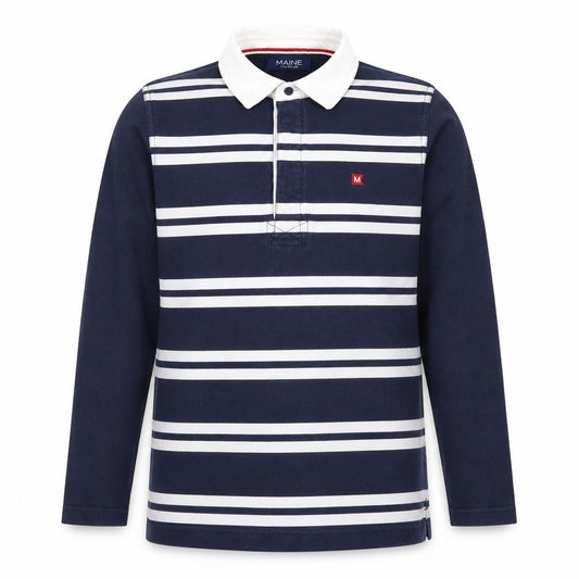 Maine Boys Blue Stripe Long Sleeve Polo Shirt Age 13-14 Regular Jersey