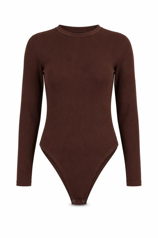 Zara Women Brown Ribbed Cotton Stretch Long Sleeve Bodysuit UK 12