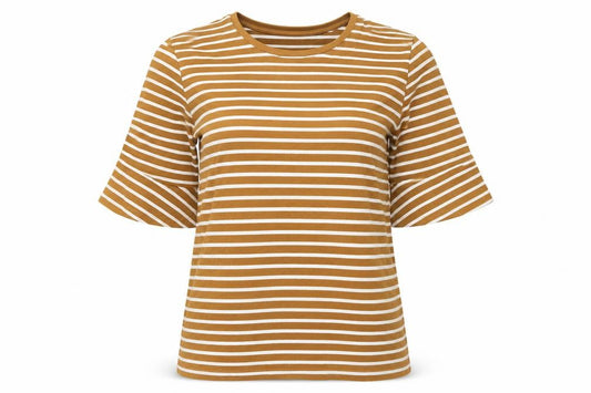 d&co Women Brown White Striped UK 12 Jersey Bell Sleeve T-Shirt
