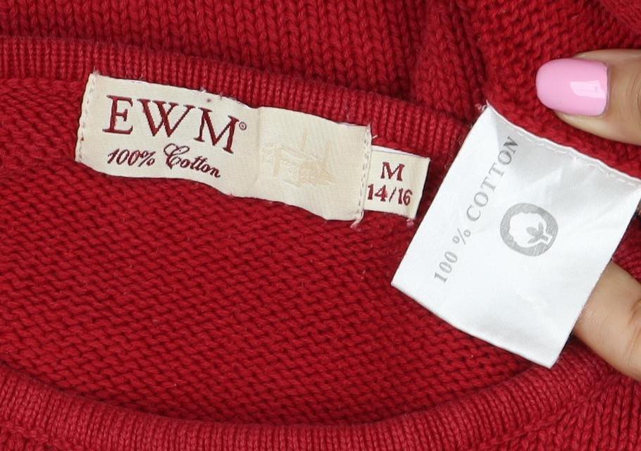 EWM Women Red Cotton Crew Neck Raglan Pullover Jumper Size 14