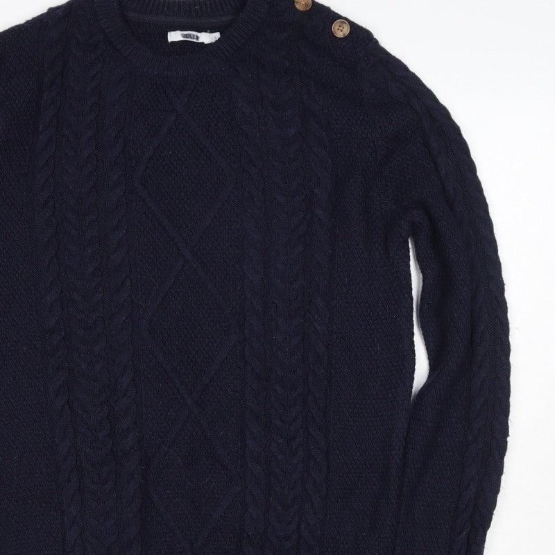Woler Men's Blue S Cable Knit Shoulder Button Pullover Jumper