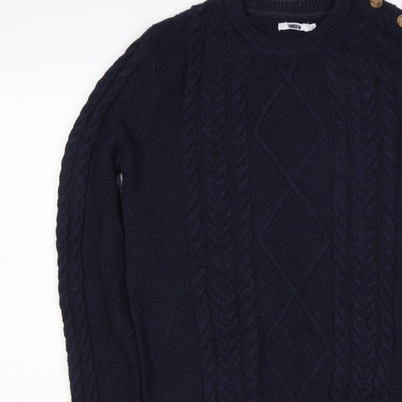 Woler Men's Blue S Cable Knit Shoulder Button Pullover Jumper