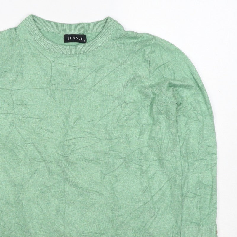 Et Vous Women’s Green Crew Neck Stud Cuff Knit Jumper Size 10