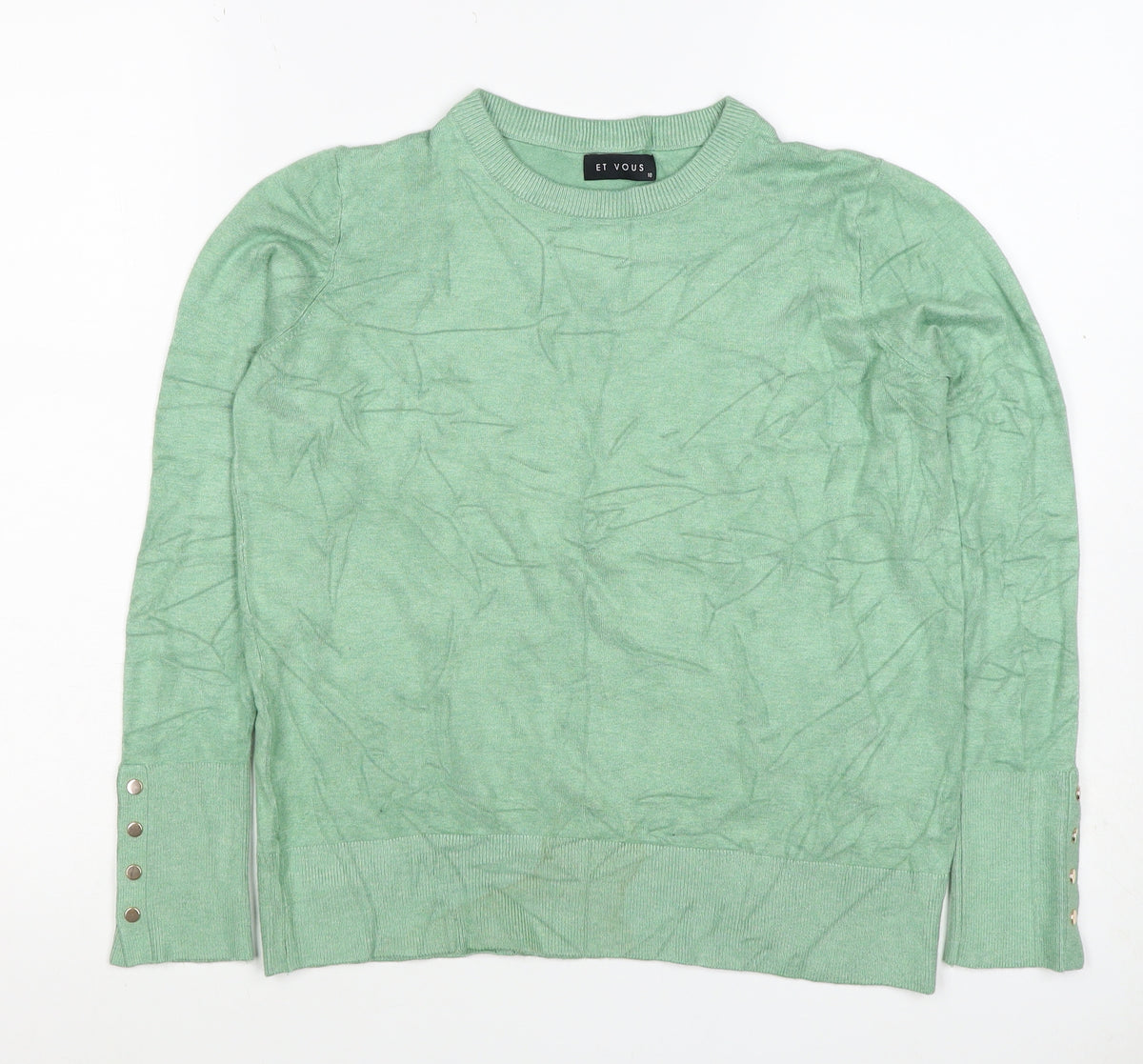 Et Vous Women’s Green Crew Neck Stud Cuff Knit Jumper Size 10