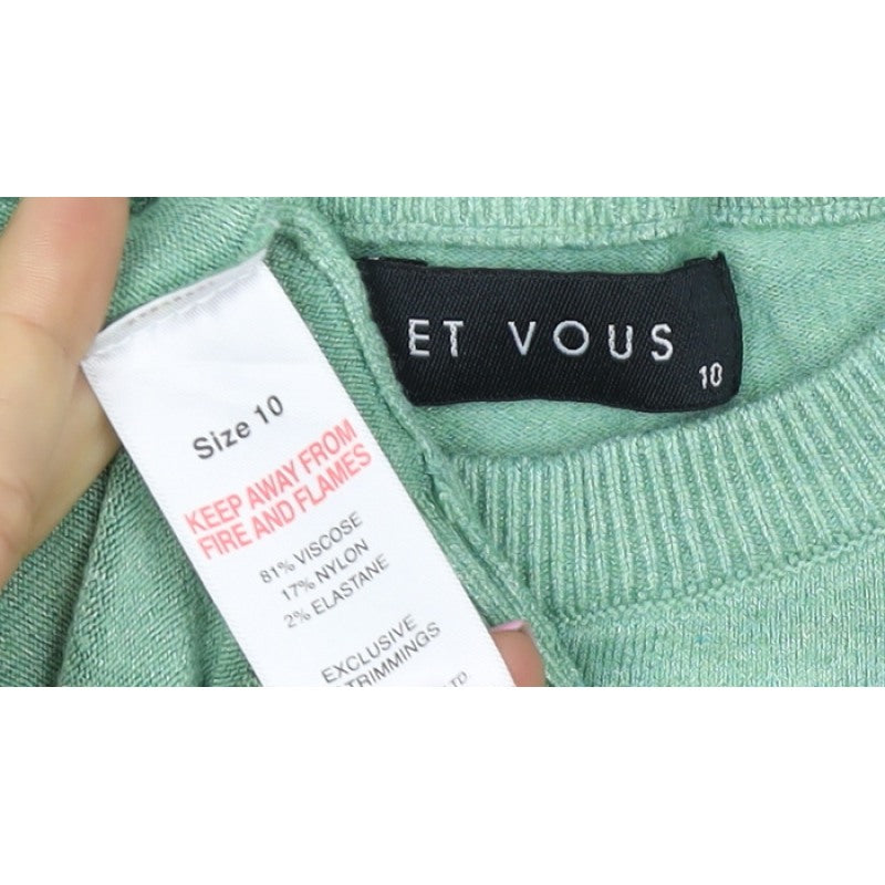 Et Vous Women’s Green Crew Neck Stud Cuff Knit Jumper Size 10