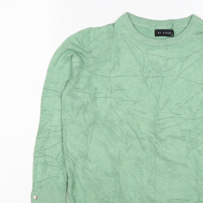 Et Vous Women’s Green Crew Neck Stud Cuff Knit Jumper Size 10