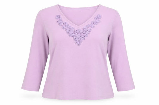 C Women Purple M V-Neck 3/4 Sleeve Embroidered Cotton Jersey Top