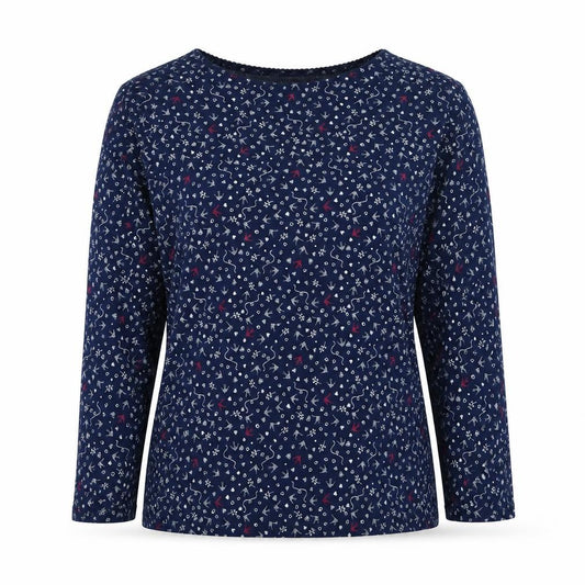 Country Rose Women Blue L Bird Print Long Sleeve Stretch Blouse