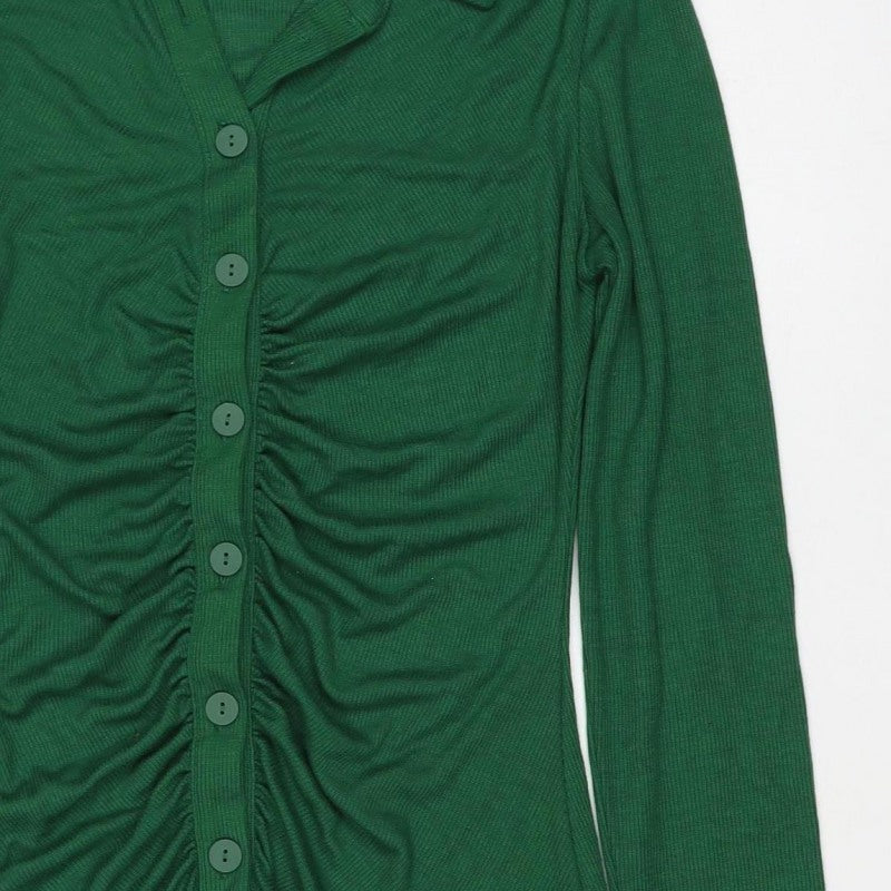 Stradivarius Women Green L Knit Collared Button Front Shirt Dress