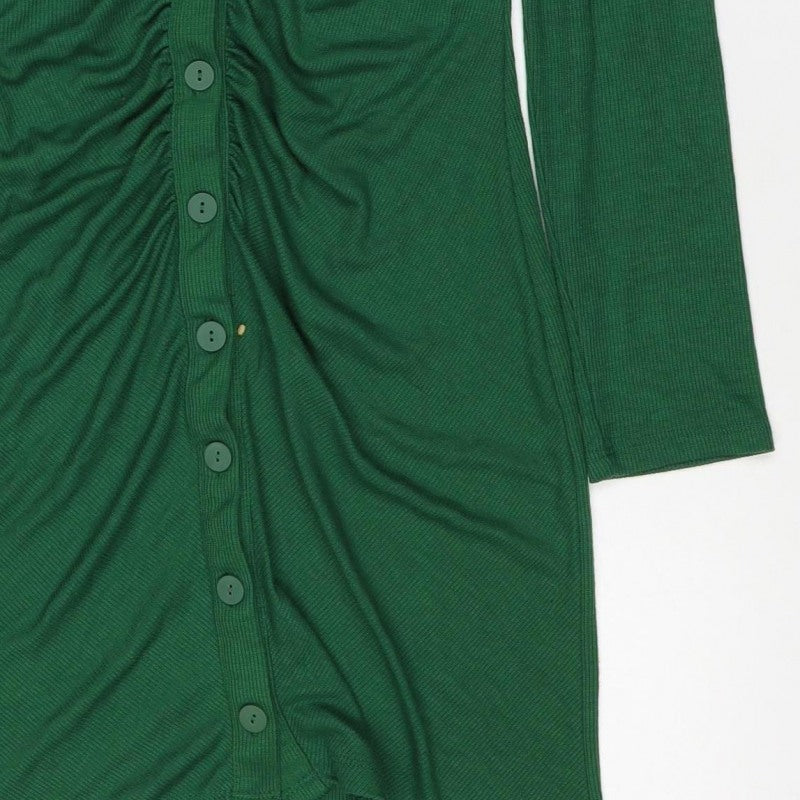 Stradivarius Women Green L Knit Collared Button Front Shirt Dress