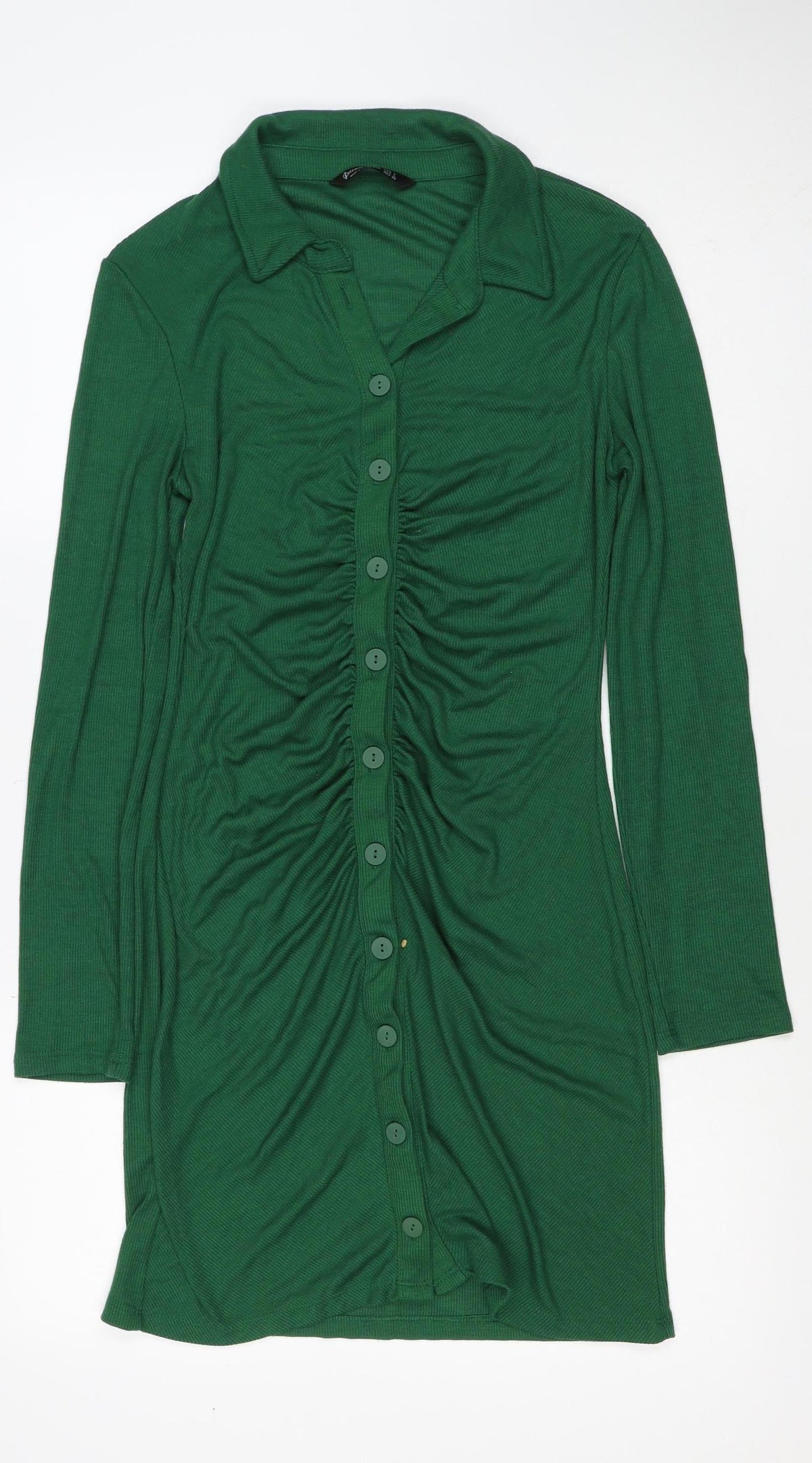 Stradivarius Women Green L Knit Collared Button Front Shirt Dress