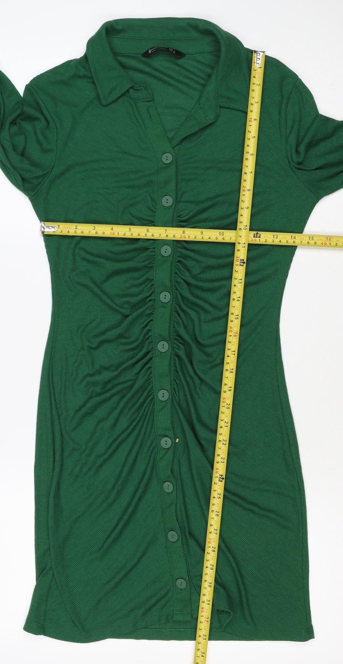 Stradivarius Women Green L Knit Collared Button Front Shirt Dress