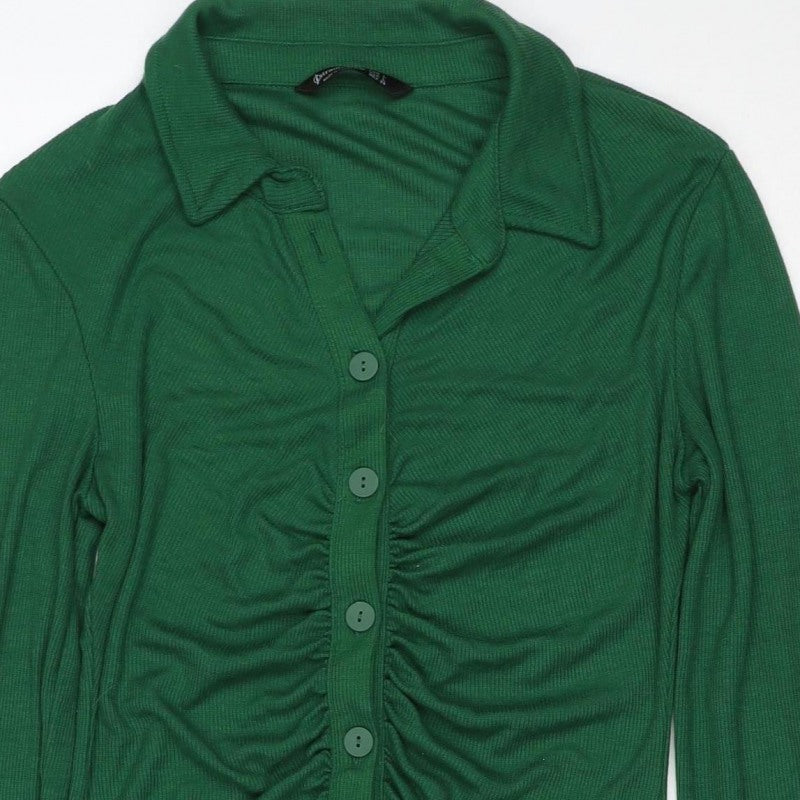 Stradivarius Women Green L Knit Collared Button Front Shirt Dress