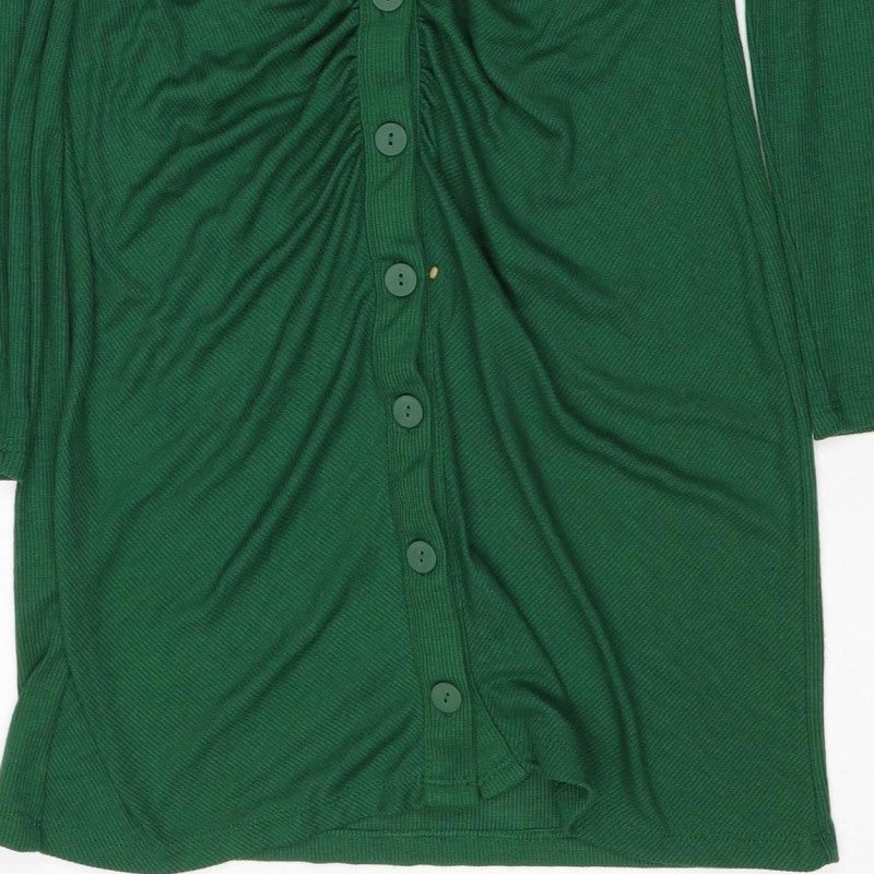 Stradivarius Women Green L Knit Collared Button Front Shirt Dress