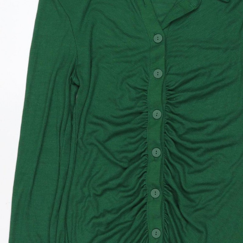 Stradivarius Women Green L Knit Collared Button Front Shirt Dress