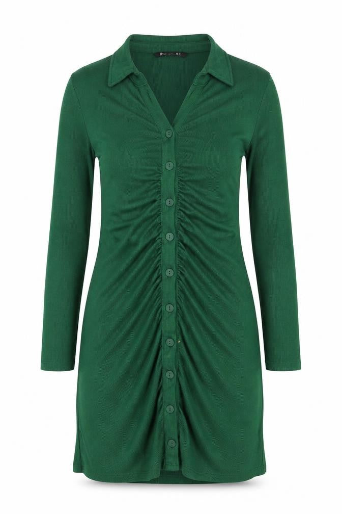 Stradivarius Women Green L Knit Collared Button Front Shirt Dress
