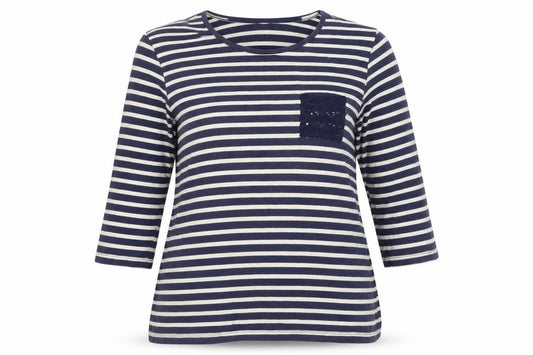 D&Co Women Blue Stripe Crochet Pocket Jersey T-Shirt L