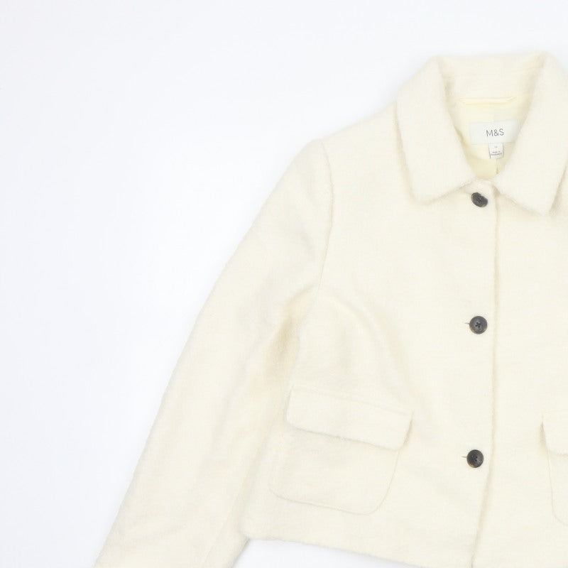 Marks & Spencer Women Ivory UK 12 Wool Blend Collared Button Jacket