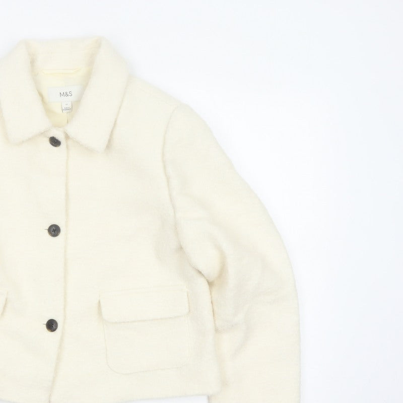 Marks & Spencer Women Ivory UK 12 Wool Blend Collared Button Jacket