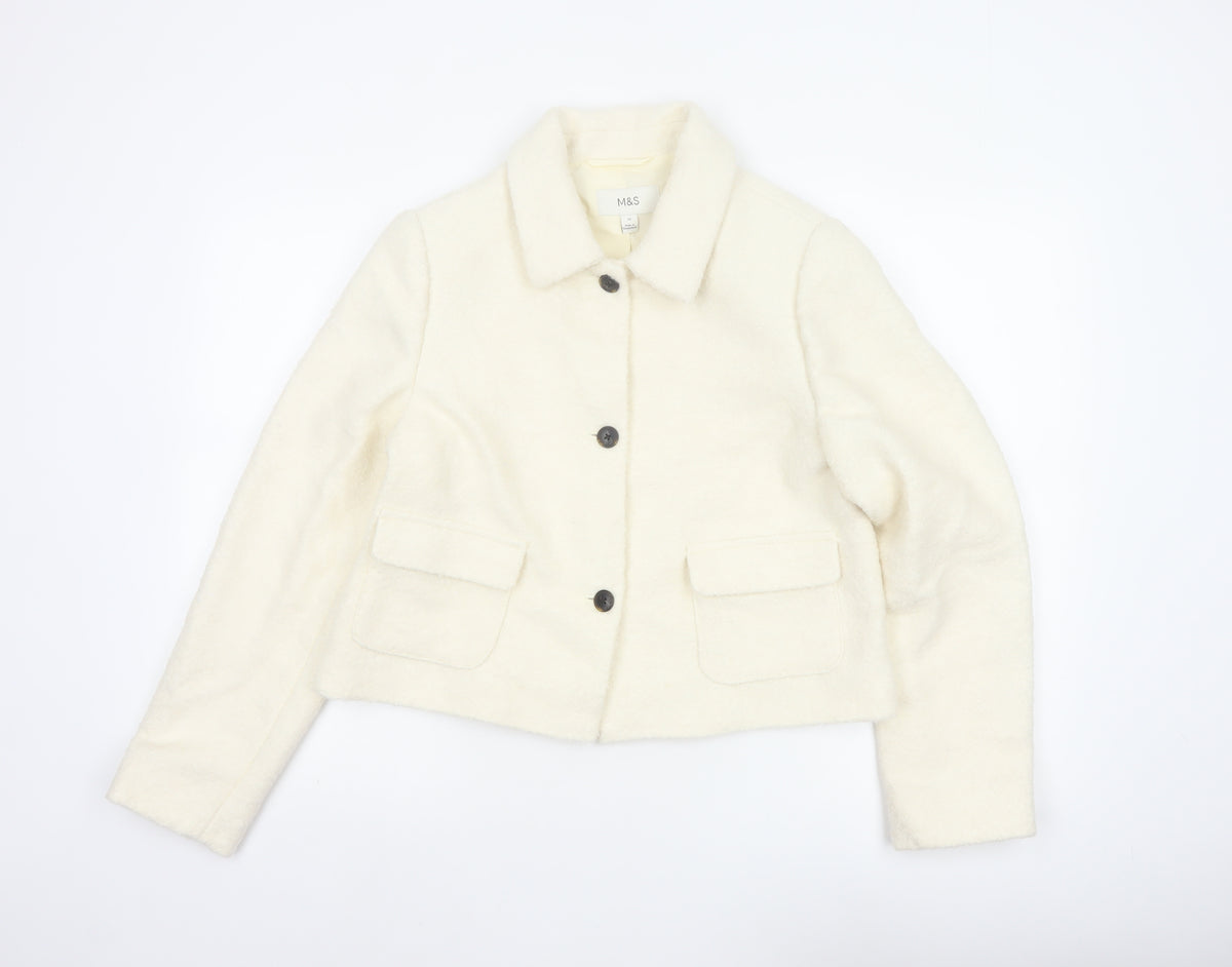 Marks & Spencer Women Ivory UK 12 Wool Blend Collared Button Jacket