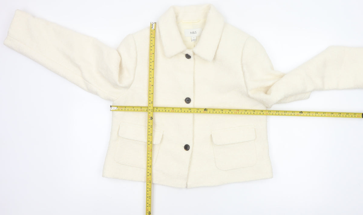 Marks & Spencer Women Ivory UK 12 Wool Blend Collared Button Jacket