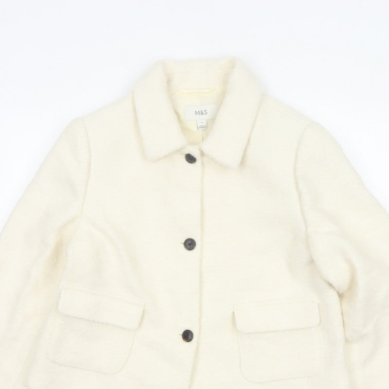 Marks & Spencer Women Ivory UK 12 Wool Blend Collared Button Jacket