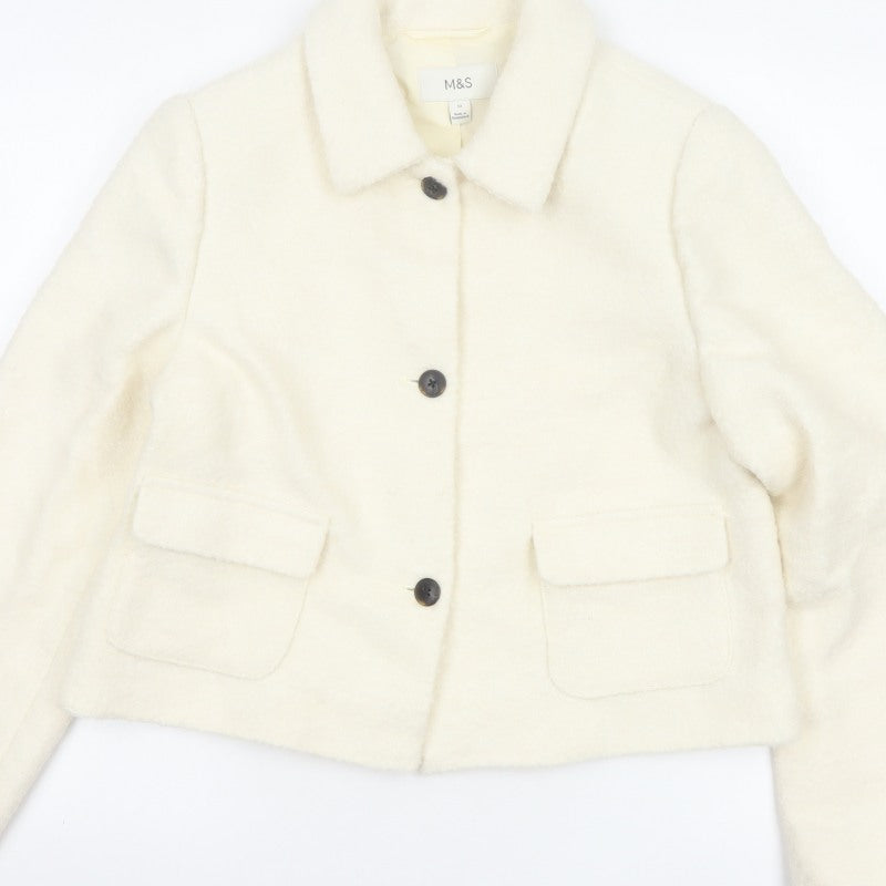 Marks & Spencer Women Ivory UK 12 Wool Blend Collared Button Jacket