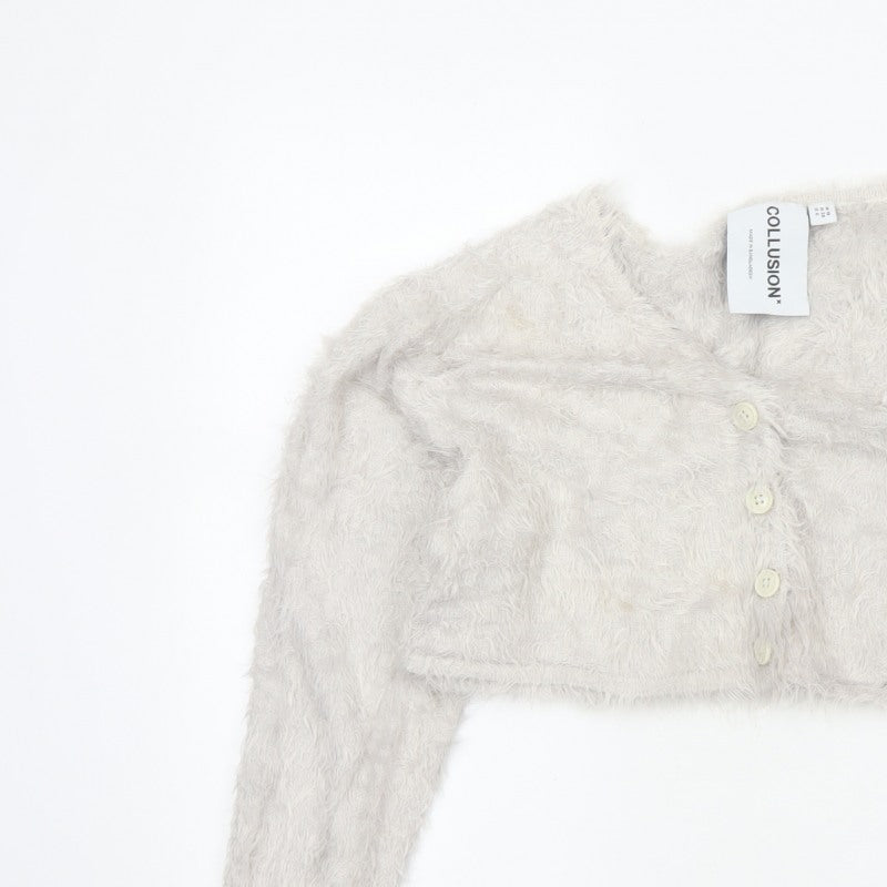 Collusion Women’s Grey UK 10 Fluffy Button V-Neck Cardigan