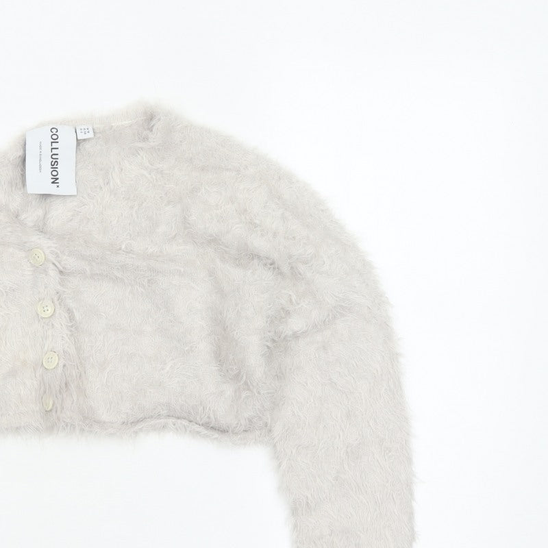 Collusion Women’s Grey UK 10 Fluffy Button V-Neck Cardigan
