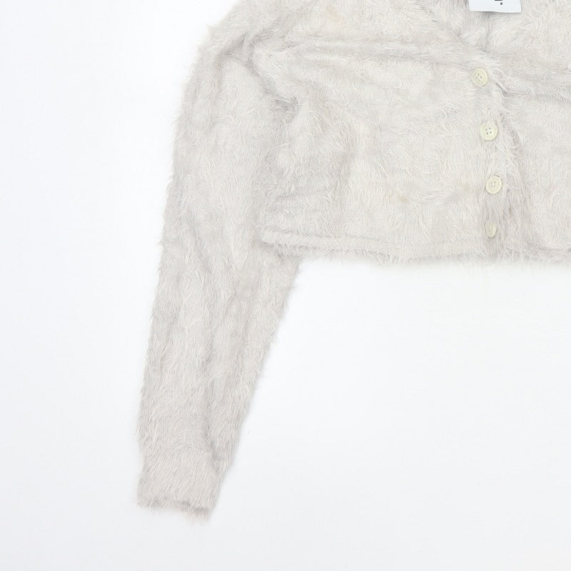Collusion Women’s Grey UK 10 Fluffy Button V-Neck Cardigan