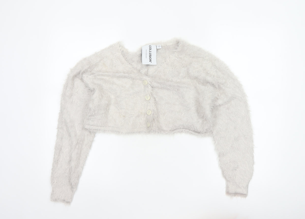 Collusion Women’s Grey UK 10 Fluffy Button V-Neck Cardigan