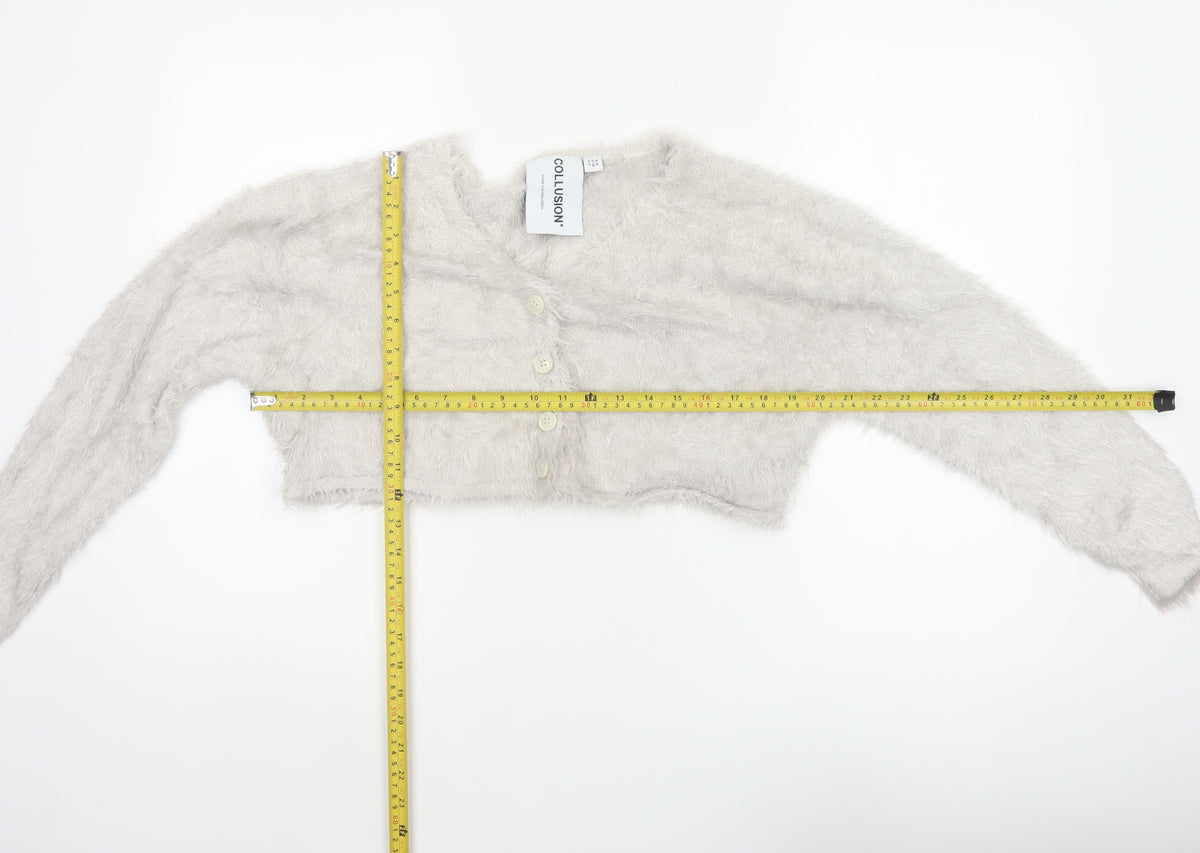 Collusion Women’s Grey UK 10 Fluffy Button V-Neck Cardigan