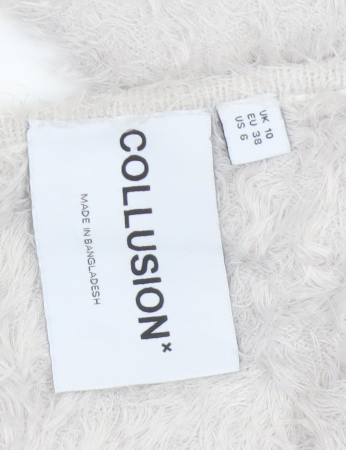 Collusion Women’s Grey UK 10 Fluffy Button V-Neck Cardigan